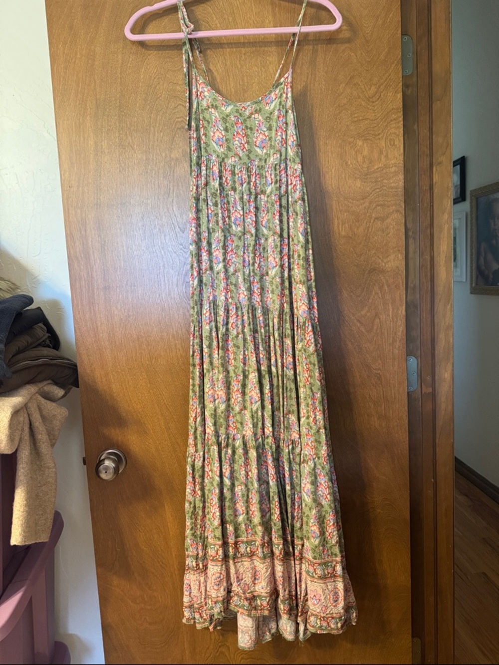 NATURAL LIFE Olive Green Floral Maxi Dress with Pink Accents